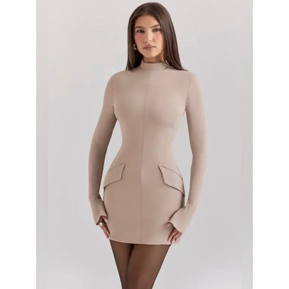 house of cb mahalia mini dress House of Cb Mahalia Taupe Long Sleeve Mini Dress S